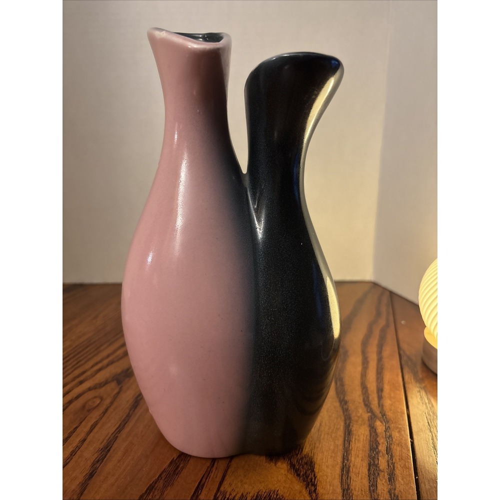 Vintage Cameron Clay Products Pink and Black Double Neck Vase MCM Art Pottery